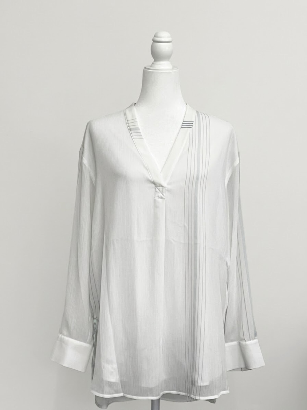 Calvin Klein White Semi-Sheer Pinstripe V-Neck Tunic Blouse Size Medium